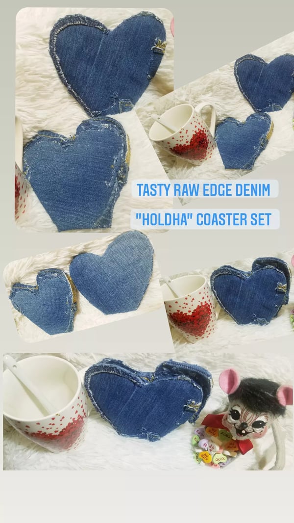Image of Tasty Raw Edge Denim “Holdha Heart” Coster Set  