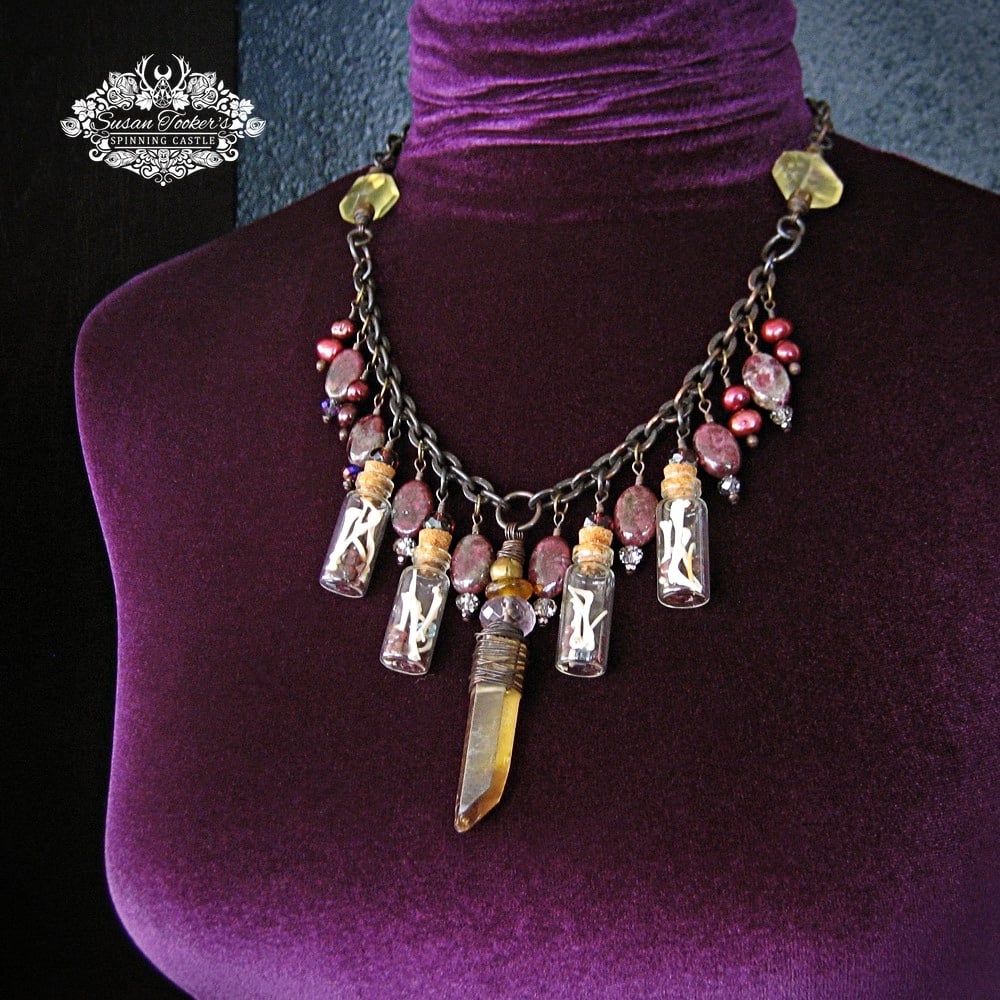 Image of ATHENA'S TREASURE - Smoky Quartz Crystal Pink Tourmaline Garnet Bone Specimen Vial Necklace Earrings