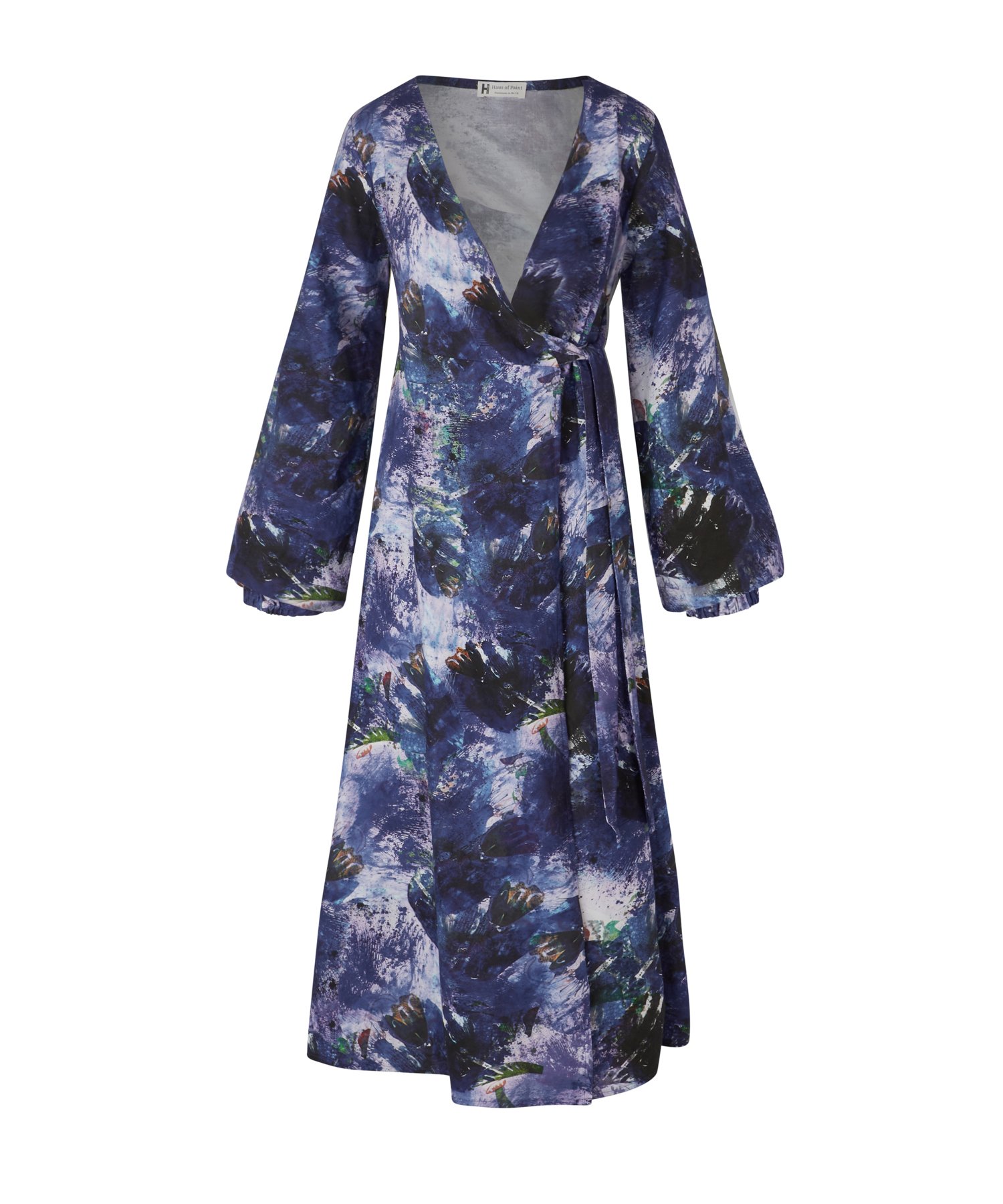 Image of S/S 22 Watercolour  Blue Iris Wrap Dress With Side Slit. Handmade to Order. Choice of 2 Fabrics.