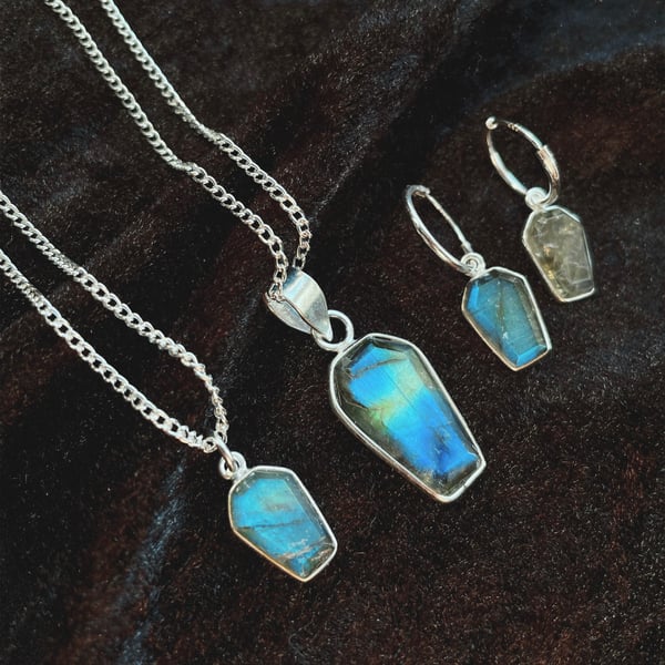 Image of Casket Labradorite 925 Sterling Silver Coffin Sleeper Hoop Earrings necklace