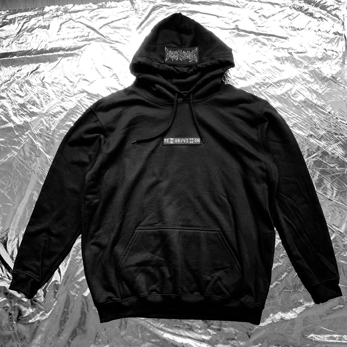 Image of TERROR VISION - Tech9 Cross hoodie (with one 3M reflective embroidery logo patch on the hood.)