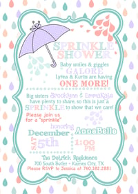 Image 2 of Raindrops Baby Sprinkle Invitation- new baby, siblings, shower, umbrellas, lavender, teal, yellow