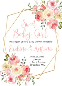 Pink & Yellow Floral, Geometric Baby Girl Baby Shower Invitation- 5x7