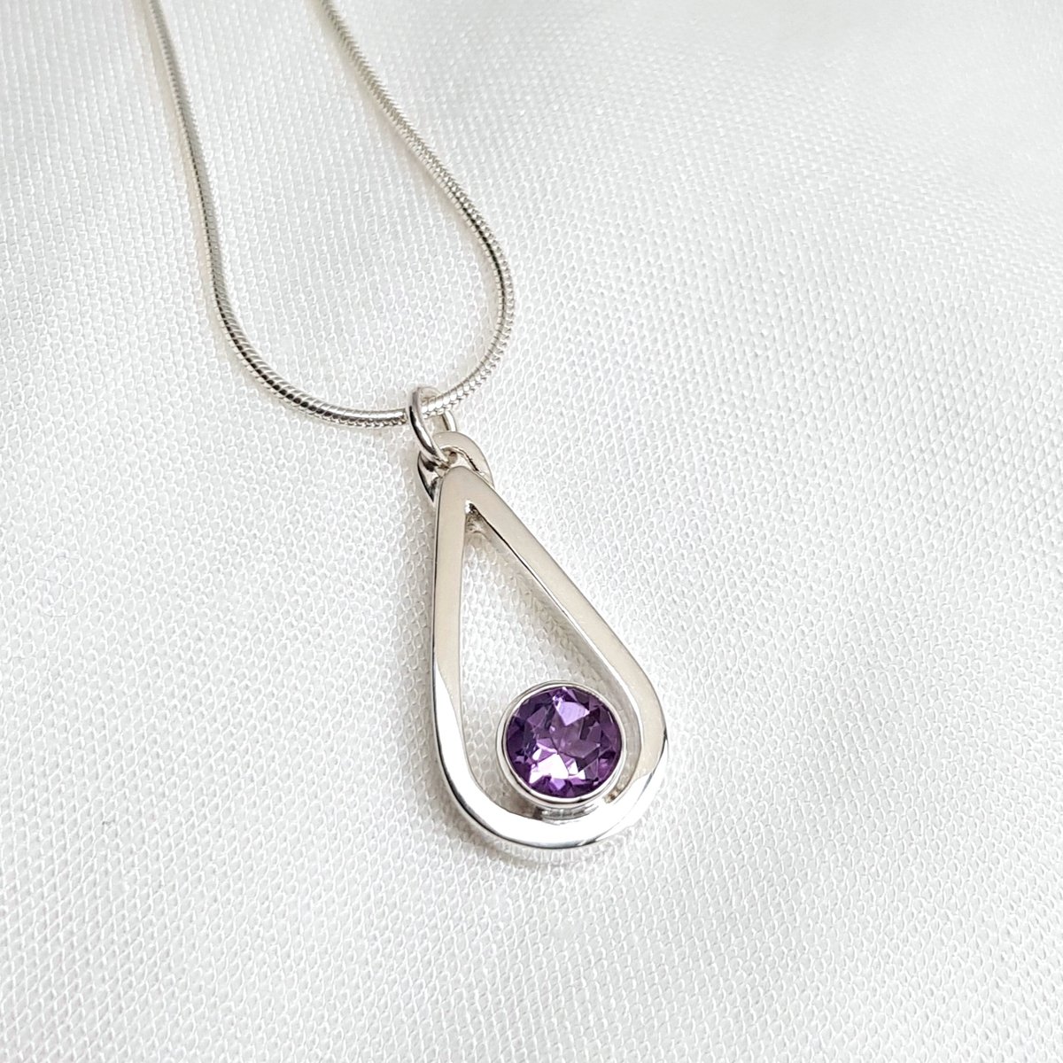 Image of Sterling Silver Amethyst Pendant Necklace, Teardrop Silver Necklace