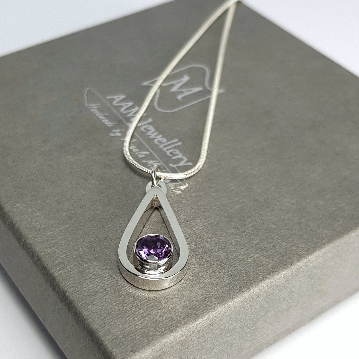 Image of Sterling Silver Amethyst Pendant Necklace, Teardrop Silver Necklace