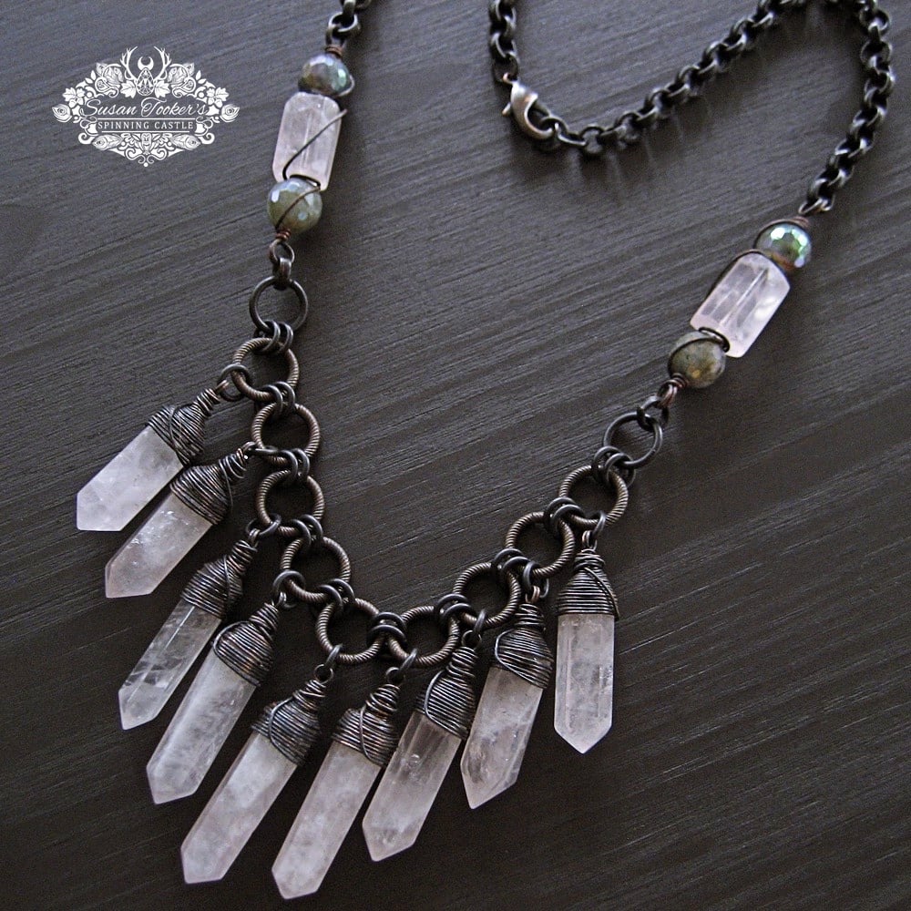 Image of LOVE GODDESS Rose Quartz Crystal Points Labradorite Statement Necklace Boho Witchy Rustic Jewelry 