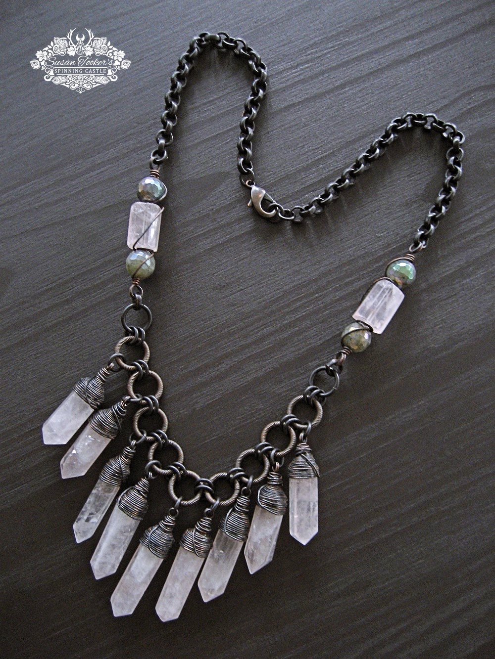 Image of LOVE GODDESS Rose Quartz Crystal Points Labradorite Statement Necklace Boho Witchy Rustic Jewelry 