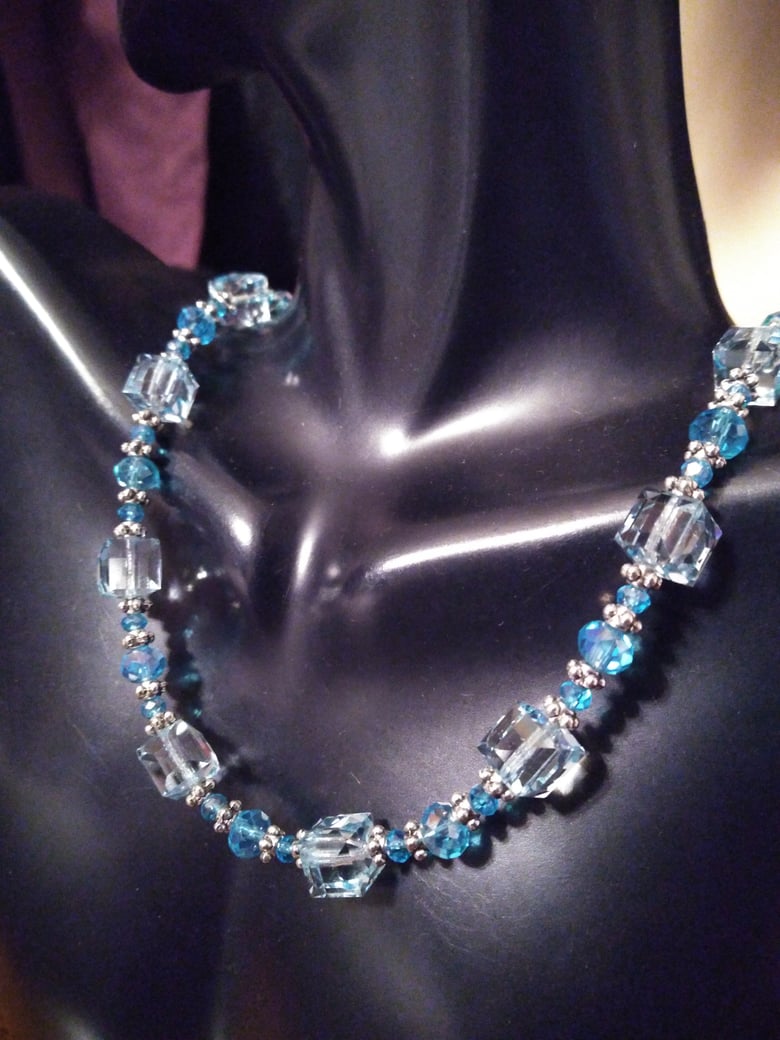 Image of BABY BLUE SWAROVSKI CUBES AND TIBETAN BEAD NECKLACE