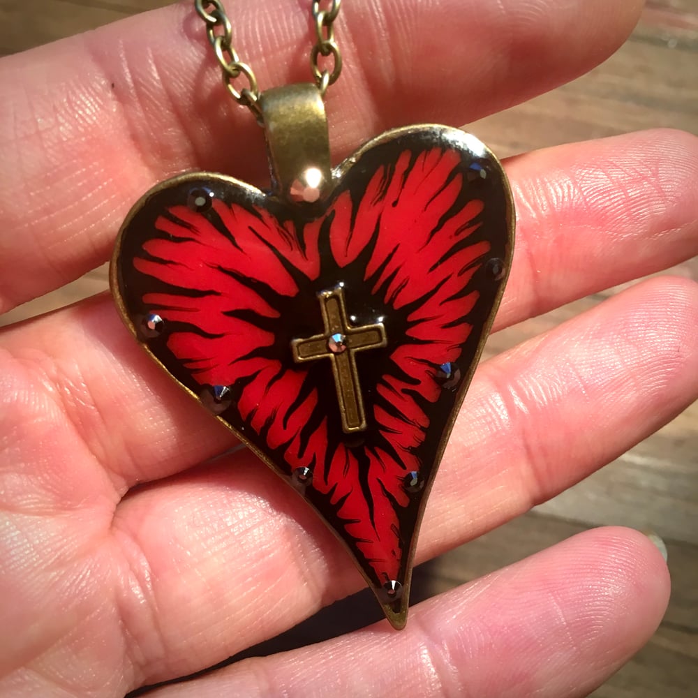 Ruby Rocks Flash Red Heart and Cross Gothic Pendant