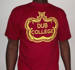 Image of DUB COLLEGE RED with yellow print t-shirt