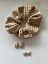 Beige Gingham Scrunchie and Button Earring Set
