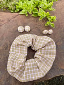 Beige Gingham Scrunchie and Button Earring Set