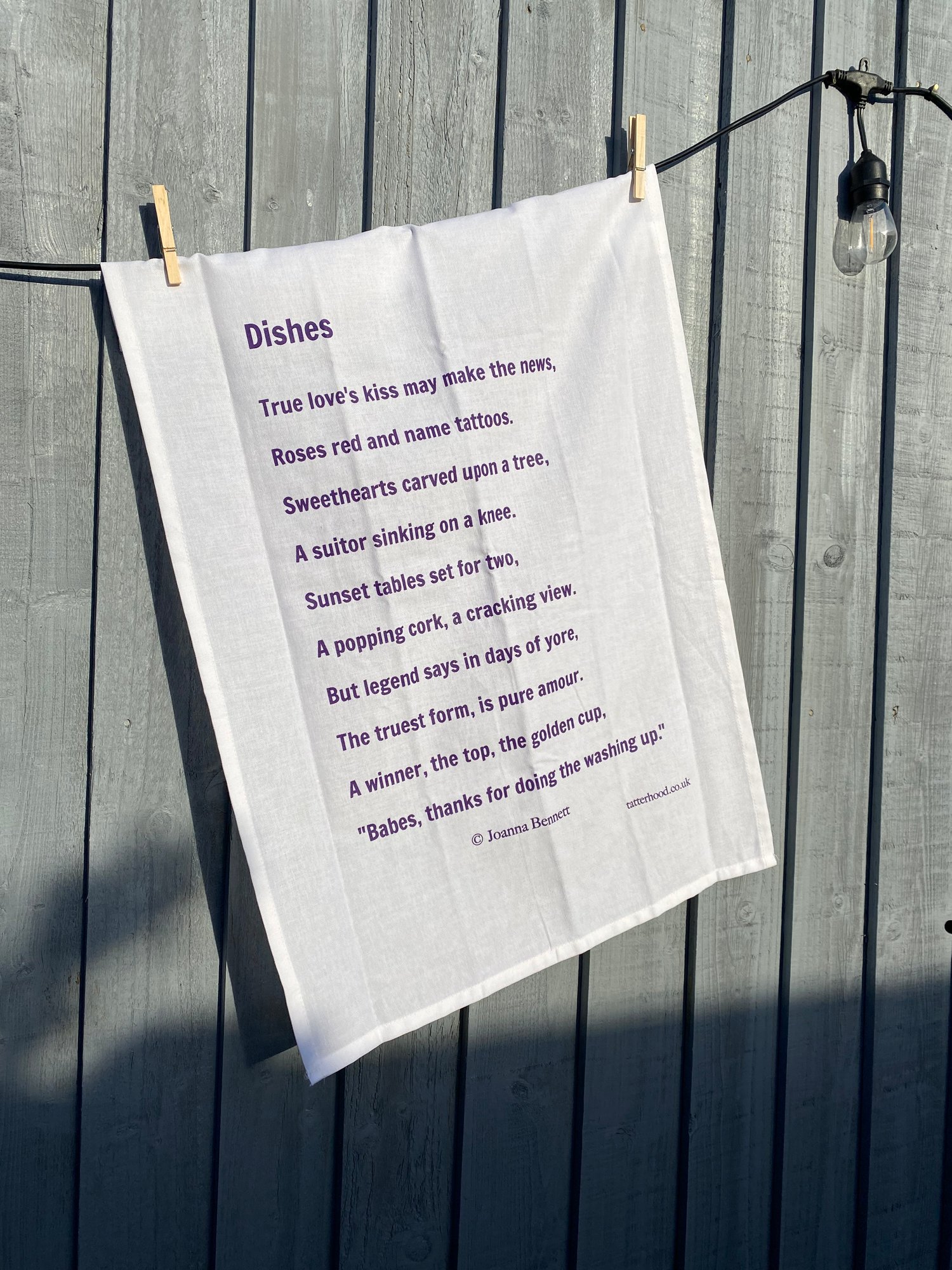 Image of 'Dishes' Poem 100% Organic White Cotton Screen Printed Tea Towel 