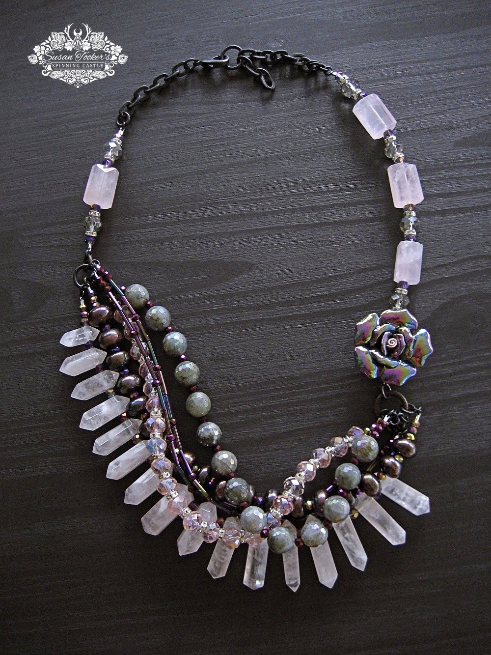 Image of SHINING ONE Rose Quartz Crystal Points Labradorite Pearl Asymmetrical Statement Necklace Boho Witchy