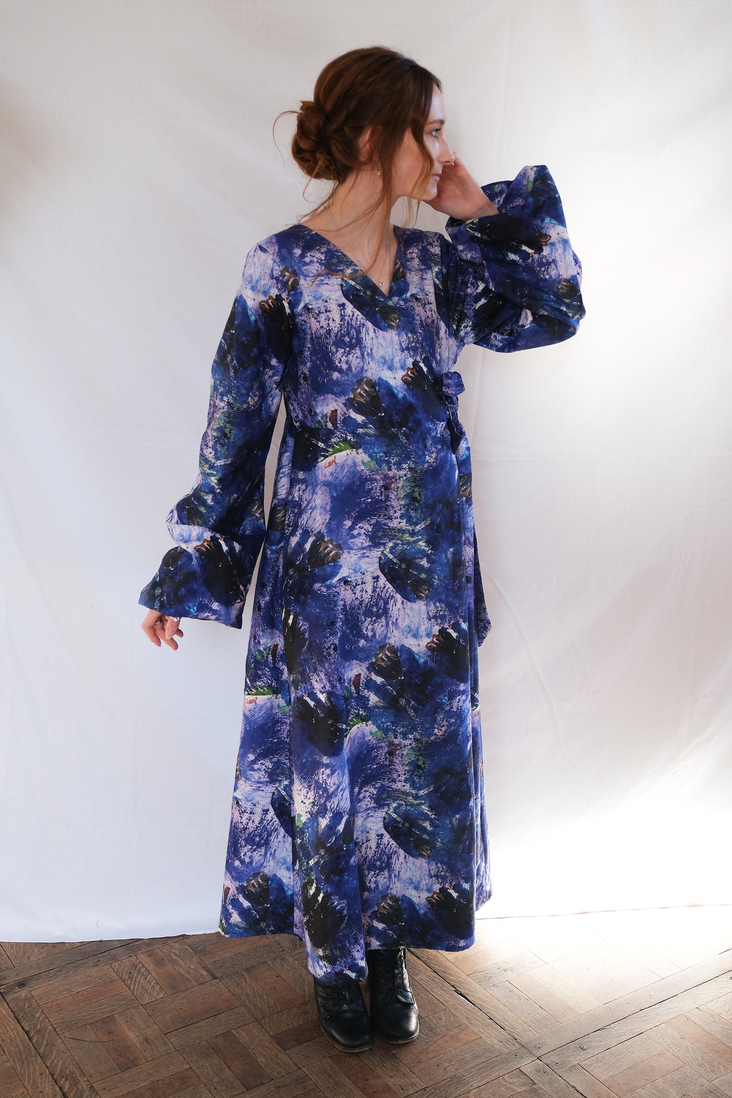 Image of S/S 22 Watercolour  Blue Iris Wrap Dress With Side Slit. Handmade to Order. Choice of 2 Fabrics.