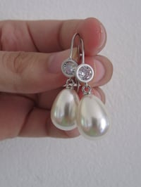 Image 2 of Crown Princess Mary of Denmark Inspired Large Pearl Sparkly Crystal Drop Earrings