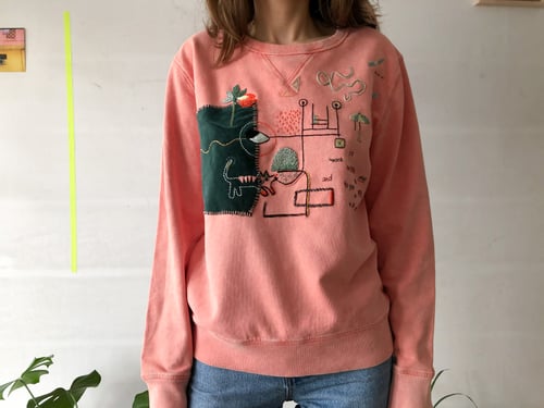 Image of No judgements sweater - hand embroidered and hand sewn collage, organic cotton sweatshirt, Unisex