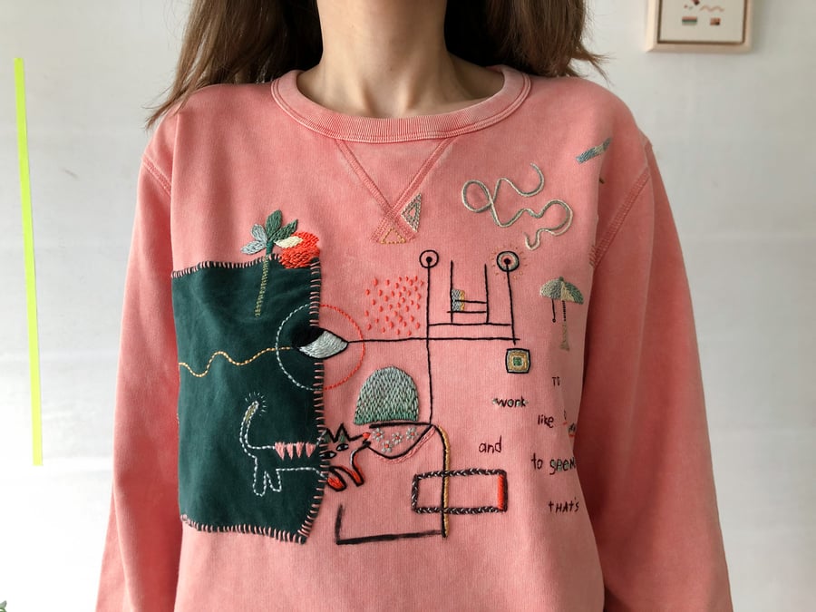 Image of No judgements sweater - hand embroidered and hand sewn collage, organic cotton sweatshirt, Unisex