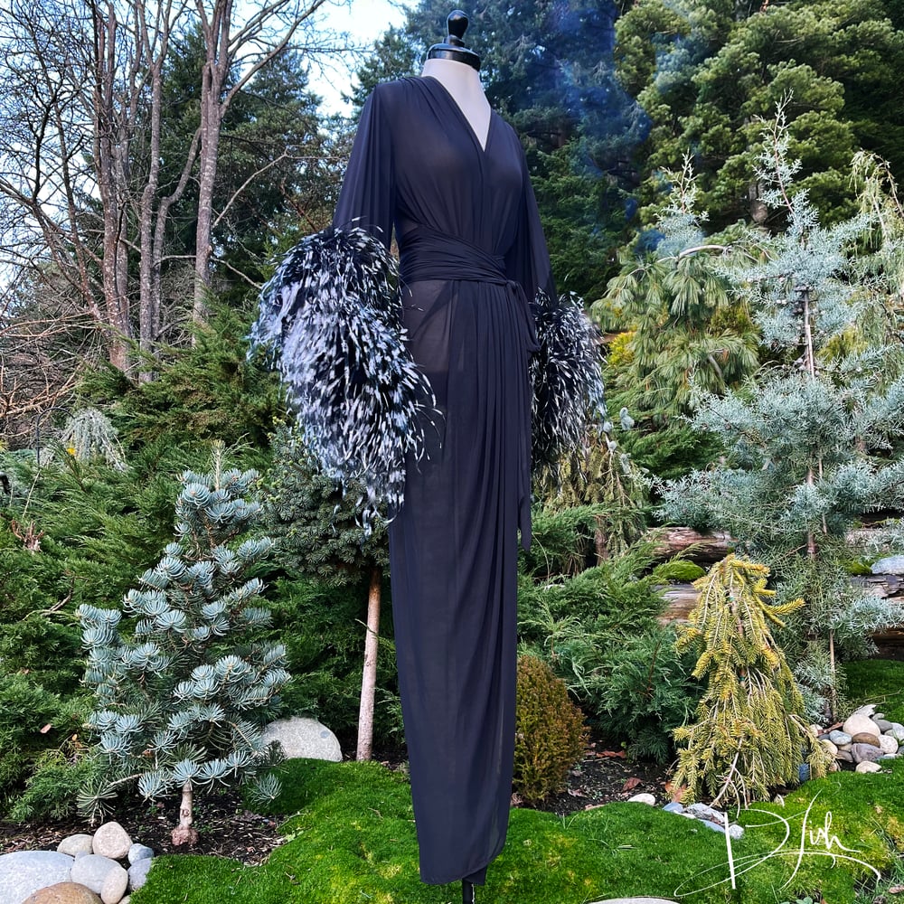 Image of Black Sheer "Selene" Black/White Ostrich Dressing Gown 10% OFF DISCOUNT CODE: FEMMEFATALE