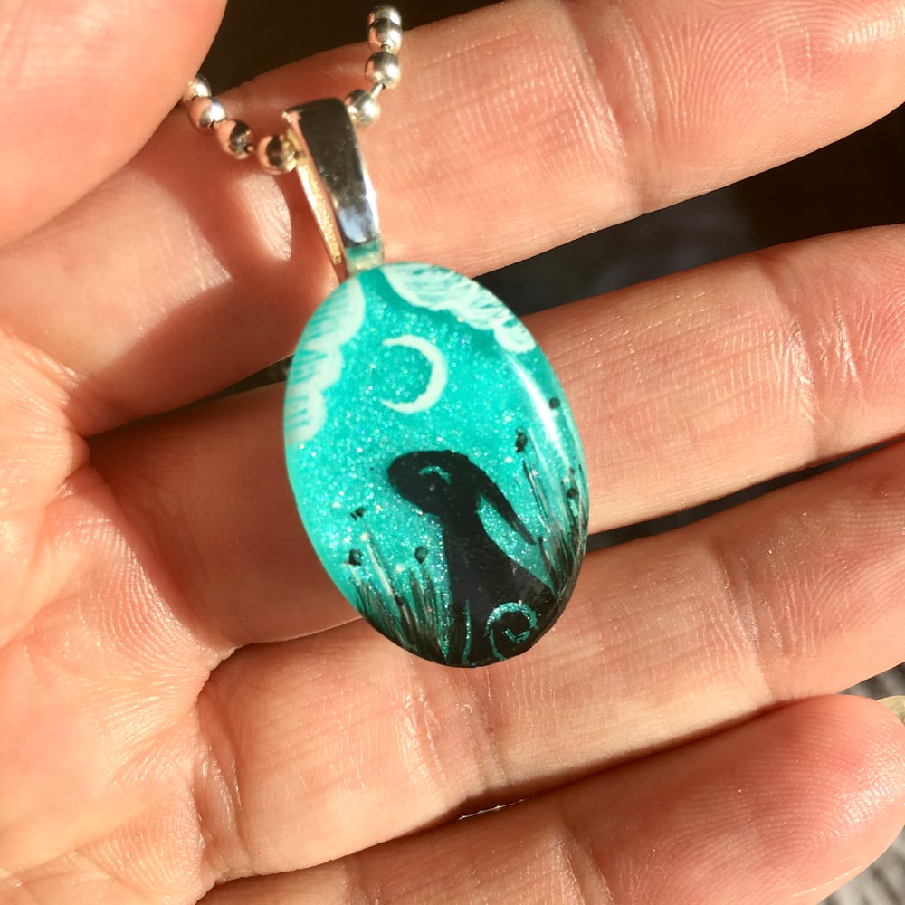 Moon Gazing Hare Mini Turquoise Resin Pendant