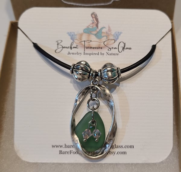 Image of Leather and Genuine Sea Glass Necklace - Adjustable - Gift Boxed - EB-441