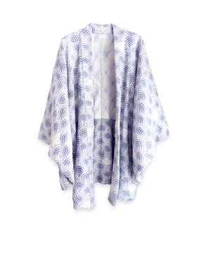 Image of Kort kimono af dueblå silke m. vifter