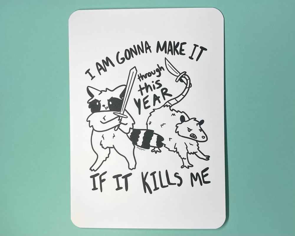 Image of Sword raccoon and knife possum "Thinking of You" card - inspired by lyrics from the Mountain Goats