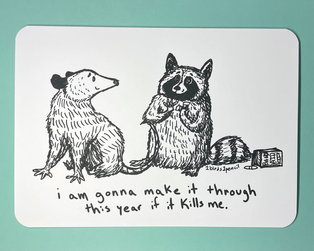 Image of Possum and Raccoon "This Year" - "Thinking of You" card - inspired by lyrics from the Mountain Goats