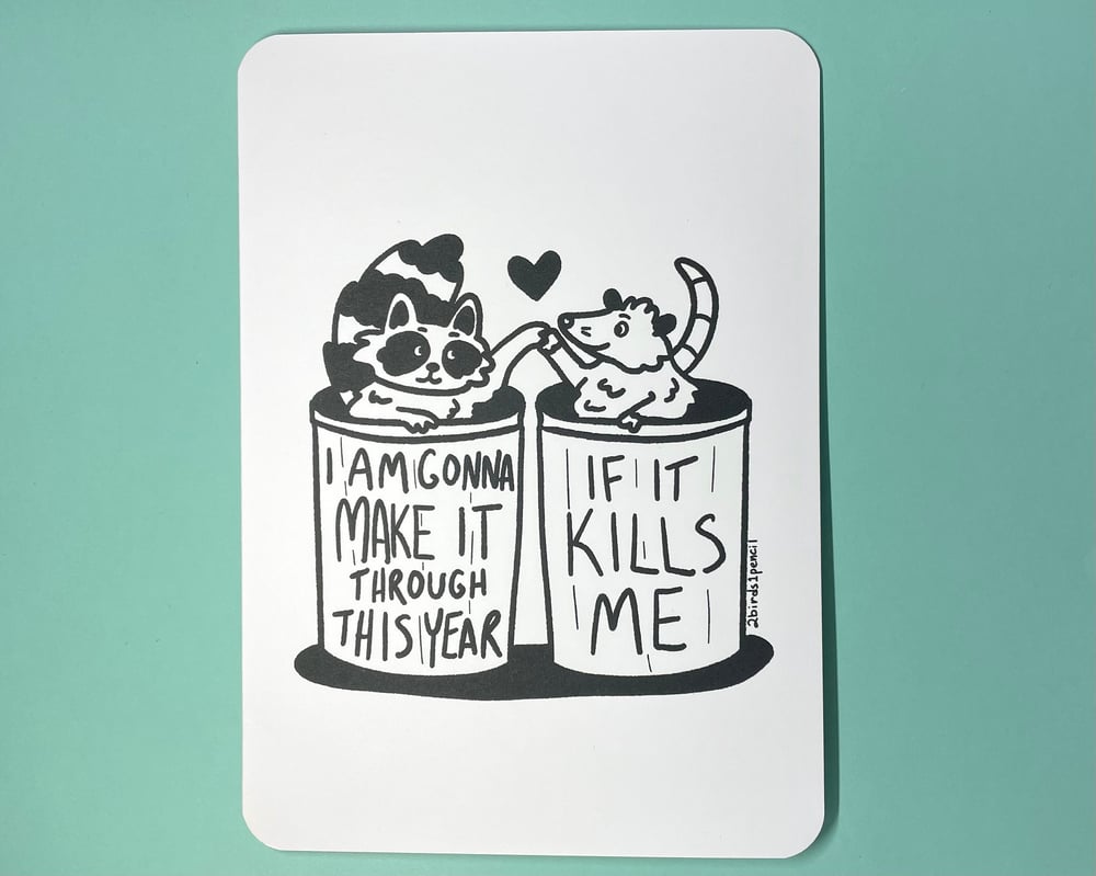 Image of Raccoon and possum in trash cans "Thinking of You" card - inspired by lyrics from the Mountain Goats