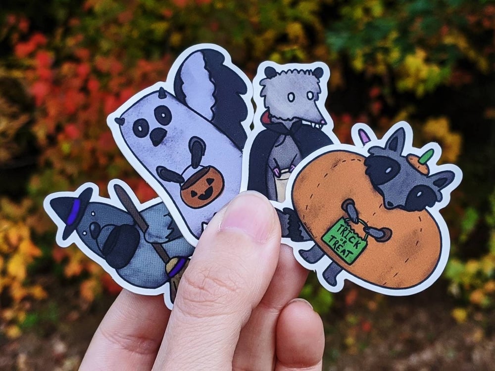 Image of Halloween Buddies vinyl sticker pack - raccoon, possum, skunk and pigeon mini waterproof stickers