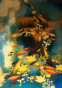 Image of Lily Greenwood Giclée Print - Koi with Lilies on Prussian Blue/Gold - A4 (Open Edition)