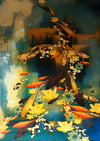 Lily Greenwood Giclée Print - Koi with Lilies on Prussian Blue/Gold - A4 (Open Edition)