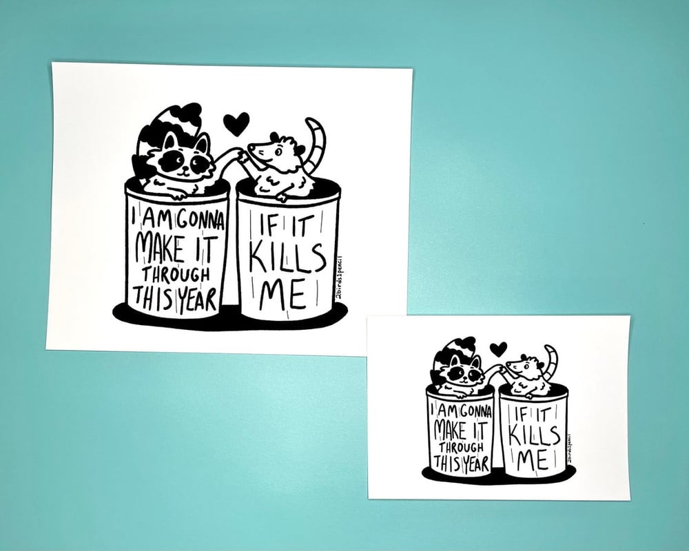 Image of Raccoon and possum in trash cans print - inspired by lyrics from the Mountain Goats