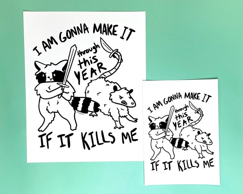 Image of Sword raccoon & knife possum print - inspired by lyrics from the Mountain Goats
