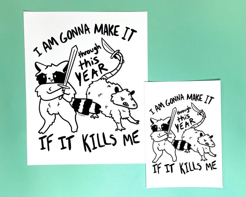 Image of Sword raccoon & knife possum print - inspired by lyrics from the Mountain Goats