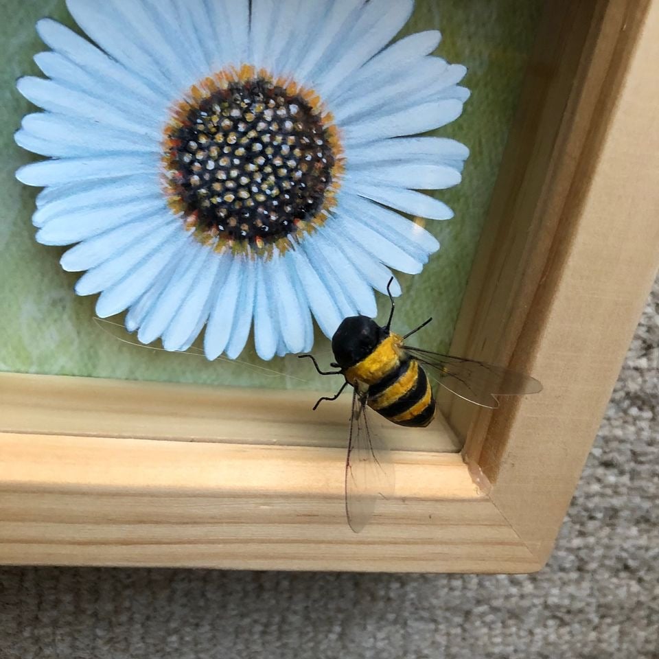 Image of Framed Daisy with Honey bee Paper sculpture.