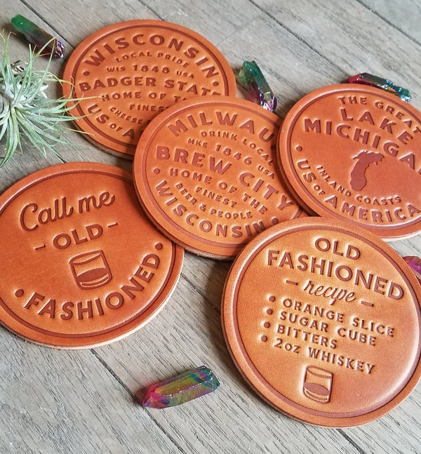 Image of Premium Leather Wisconsin Coasters