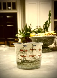 Image 3 of Porcelain Red Sails Handleless Ship Mug SOLD TO MARY W 