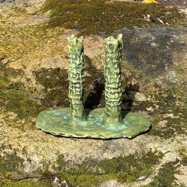 Image of 'Mossy rock' joined ceramic candlesticks #1