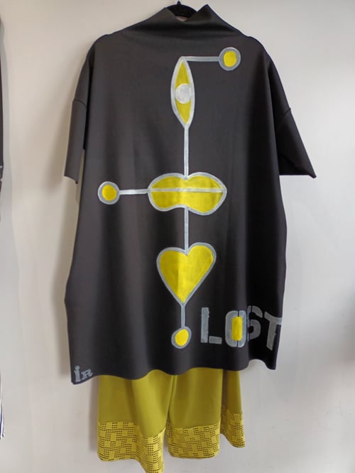 Image of painted yellow and black tunic/dress "lost and found"