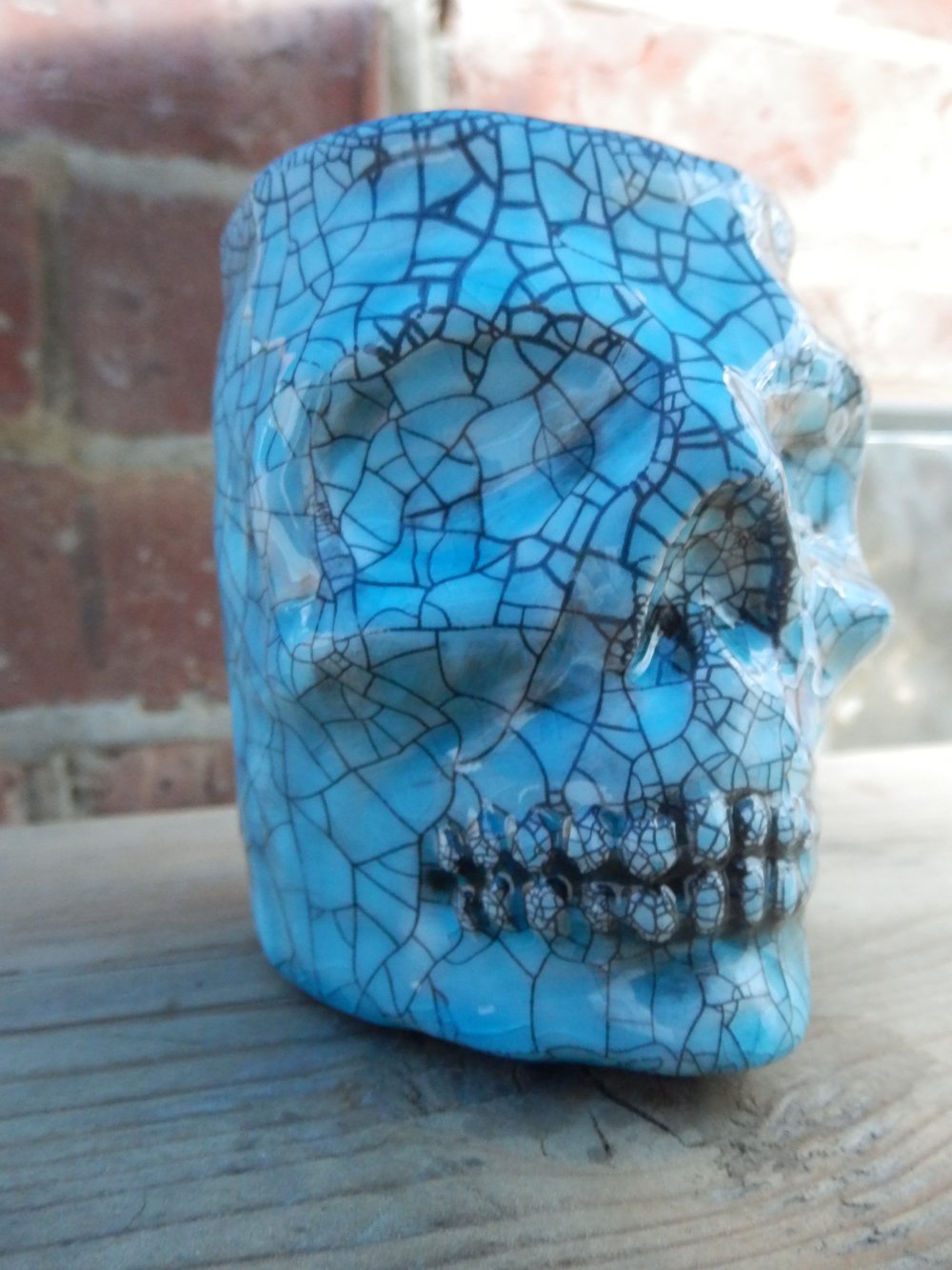 Turquoise Crackle Ceramic Skull Pot