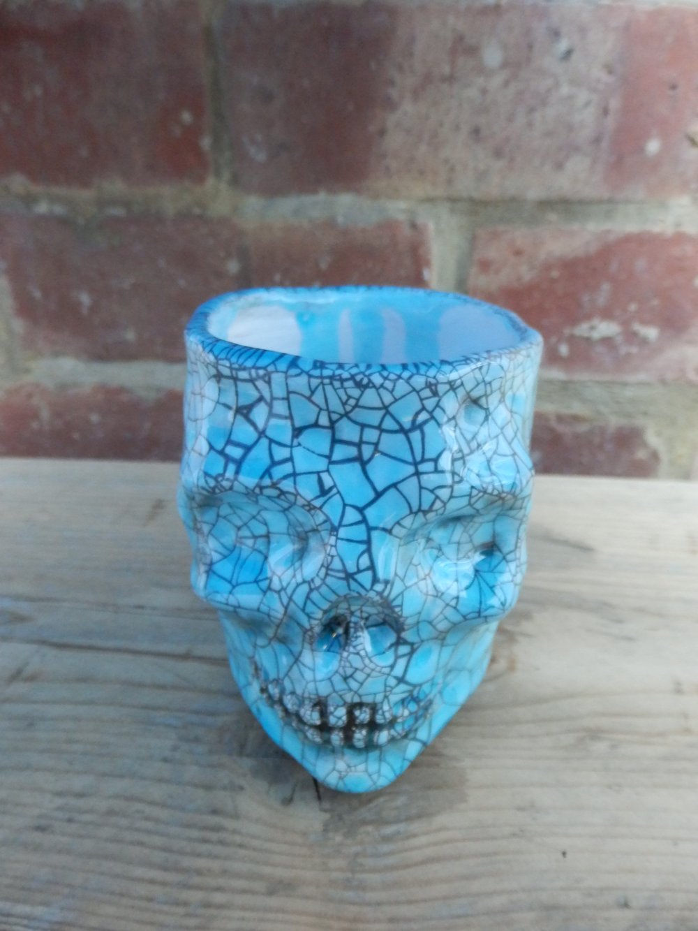 Turquoise Crackle Ceramic Skull Pot