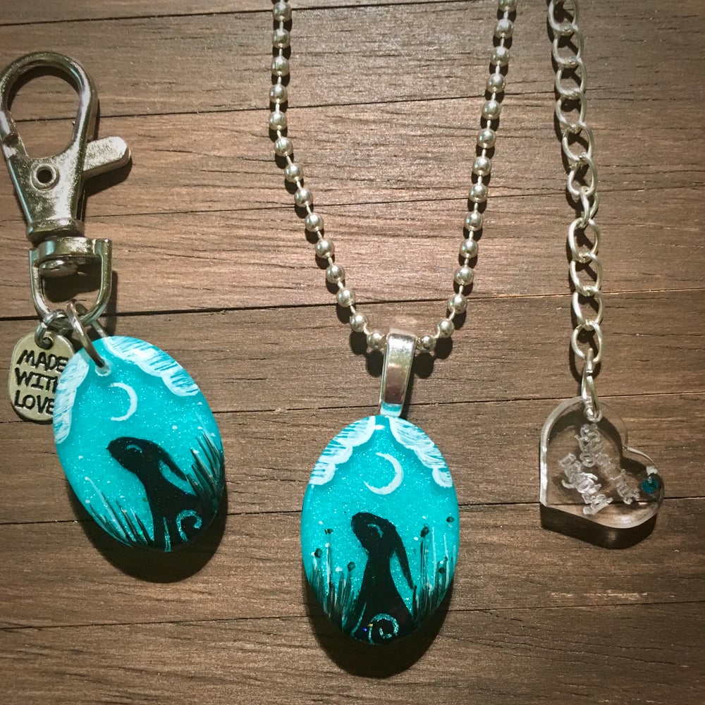 Moon Gazing Hare Mini Turquoise Resin Pendant