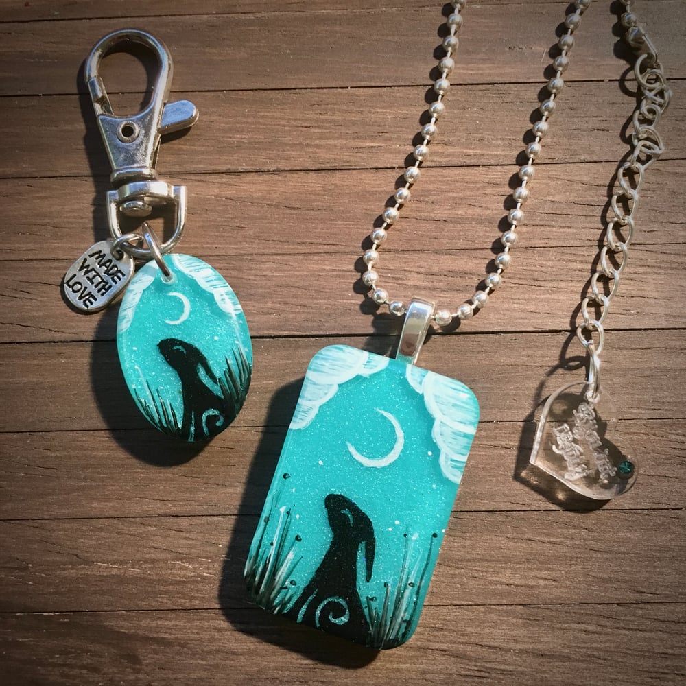 Moon Gazing Hare Resin Pendant - Turquoise