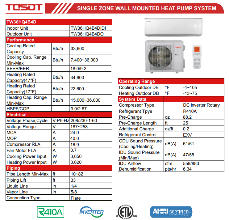 TOSOT Lomo 18 SEER 33,600 BTU Ductless Mini-Split Inverter Heat Pump Air Conditioner (WIFI)