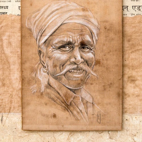 Image of Original Drawing - "Moustachu au turban blanc de Pushkar" - 37x41 cm
