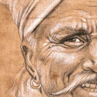 Image 4 of Original Drawing - "Moustachu au turban blanc de Pushkar" - 37x41 cm