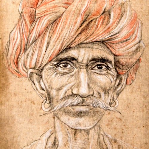 Image of Original Drawing - "Moustachu au turban rouge de Pushkar" - 34x39 cm