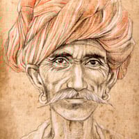 Image 2 of Original Drawing - "Moustachu au turban rouge de Pushkar" - 34x39 cm