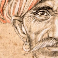 Image 3 of Original Drawing - "Moustachu au turban rouge de Pushkar" - 34x39 cm